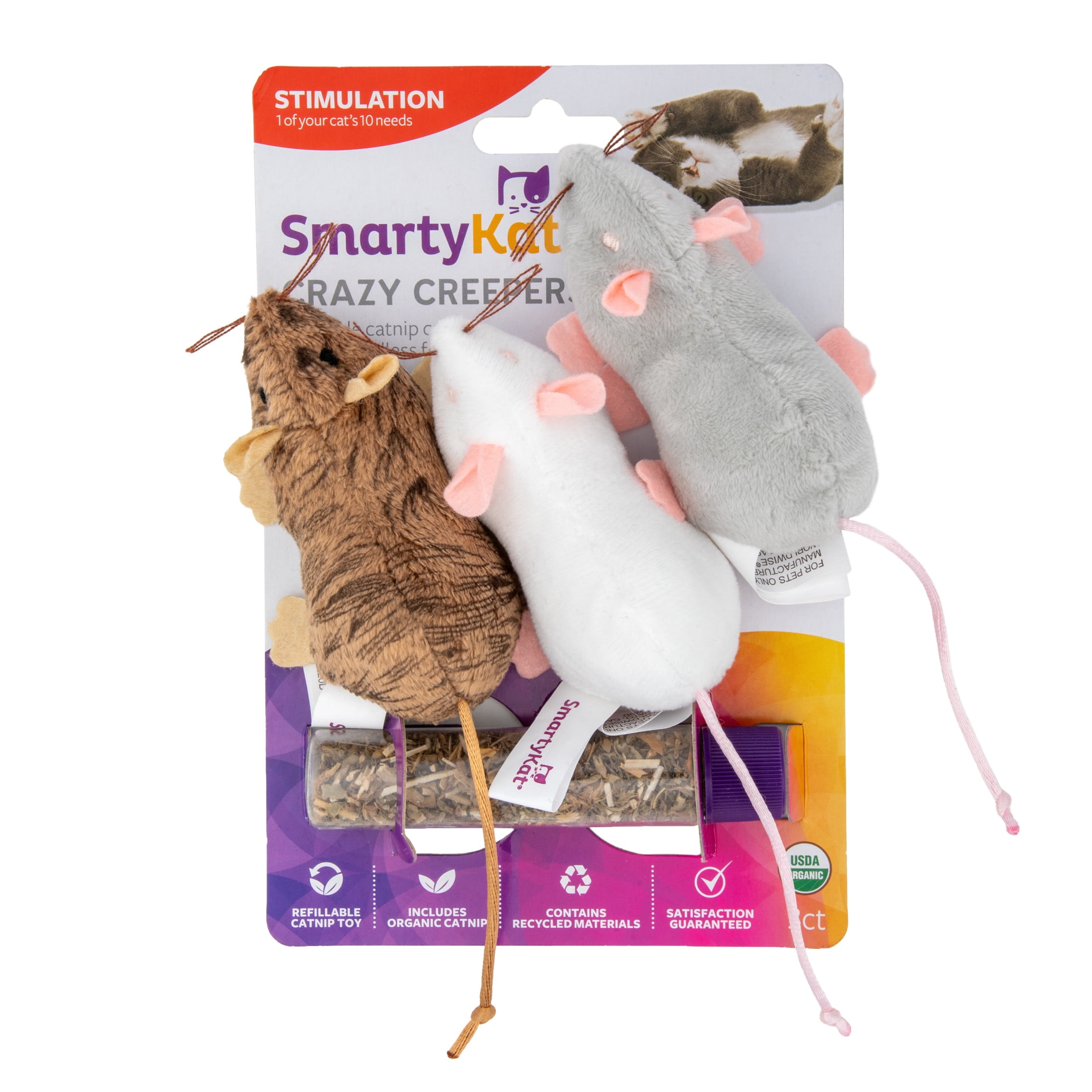 SmartyKat Crazy Creepers Refillable Catnip Plush Rat Cat Toys, Set of 3 with 2 oz Tube of Catnip