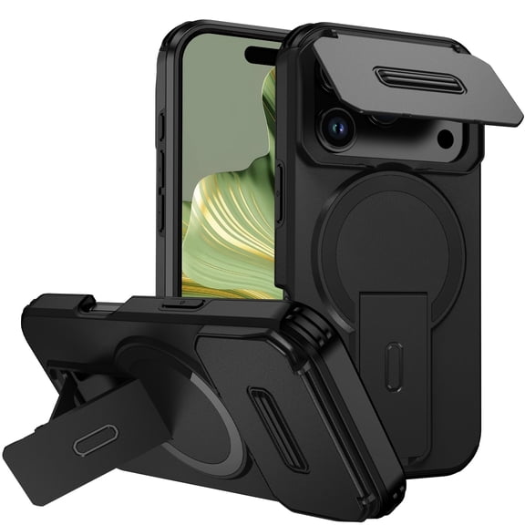 Asuwish Magnetic, Kickstand, Slide Camera Cover TPU, Plastic, Metal Hard Shell Fashion Cell Phone Case for iPhone 17 Pro, Black
