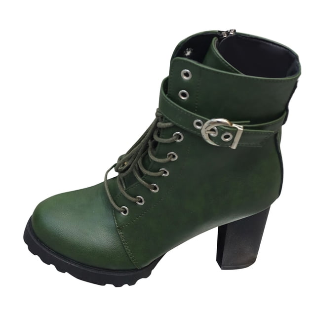 NECHOLOGY Botas Mujer Zapatos Botines de mujer Botas de cuero liso para mujer, botines con y tacón grueso, con cremallera lateral, hebilla de cinturón, tacón Ultra , talla grande (Green, 8.5)
