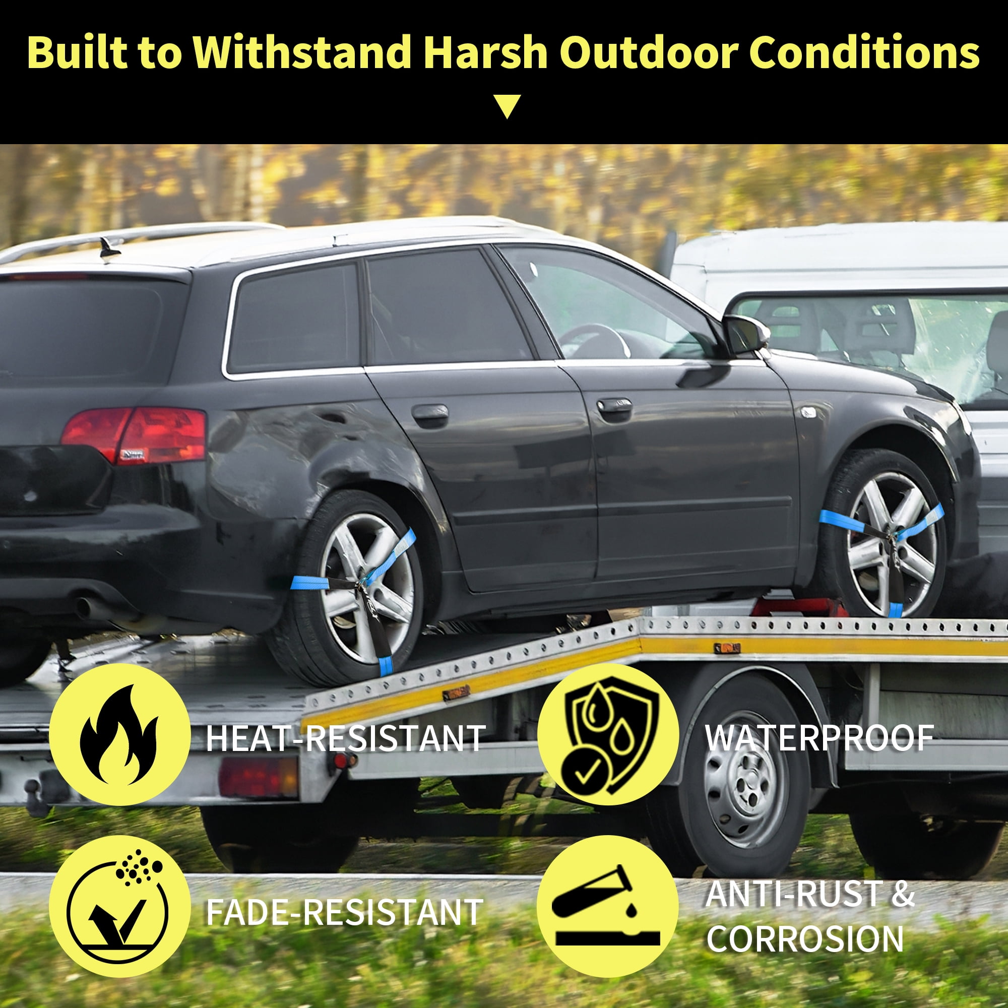 4 Pack Reflective Wheel Tie Down Straps for Trailers,Tire Ratchet Strap with Chain Anchors, 2" x 96" 9900 LBS Break Strength,Lasso Style Car Hauler Straps for Hauling UTV, SUV, Truck, Any Cars, Blue