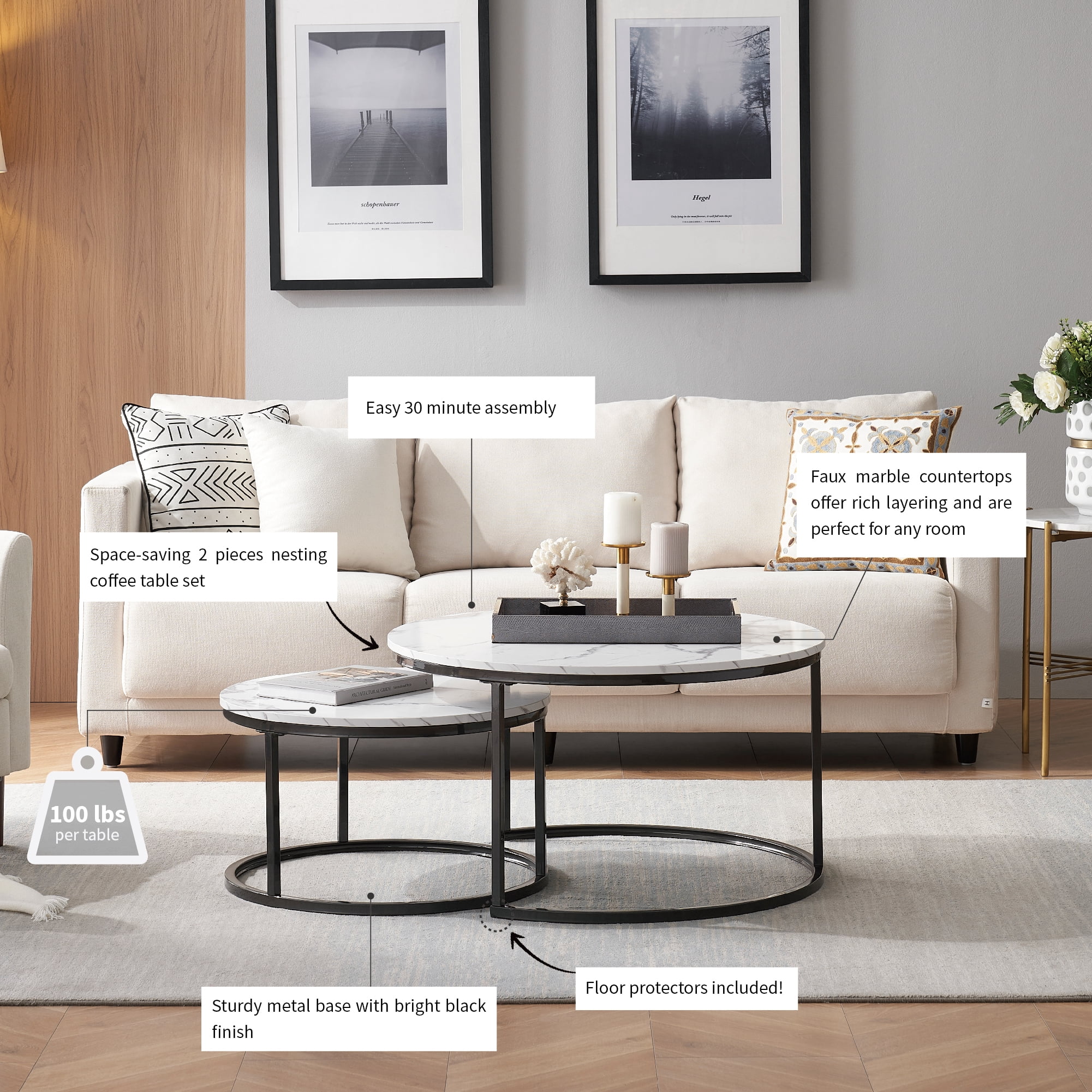 Modern Round Nesting Coffee Table Set with 31.5 in White Faux Marble Top and Gold Metal Legs Accent Wooden Stacking Side Tea Table for Living Room