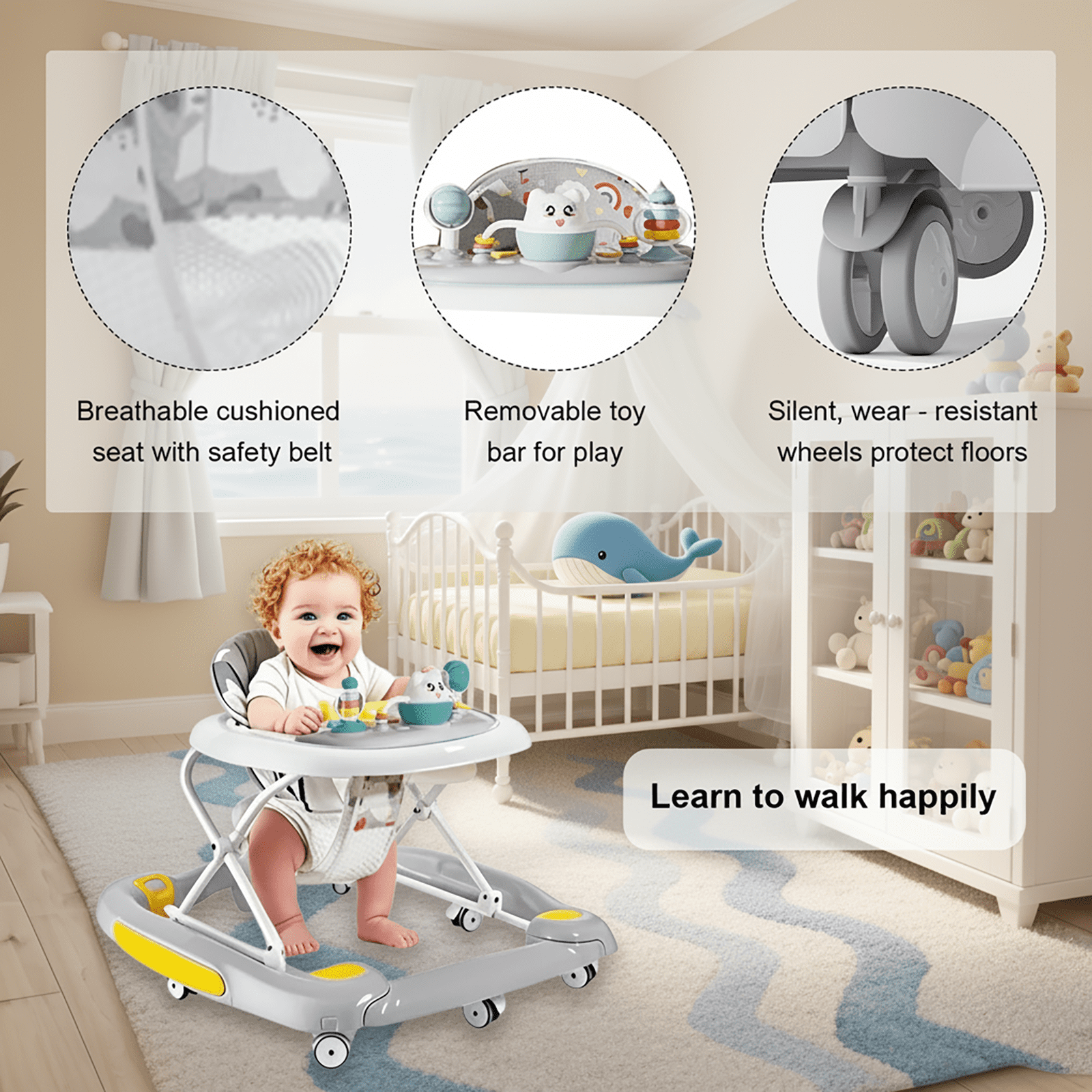HDUTNGISN Gray 6-in-1 Foldable Baby Walker for 6-24 Months,Bouncer,Tray & Music