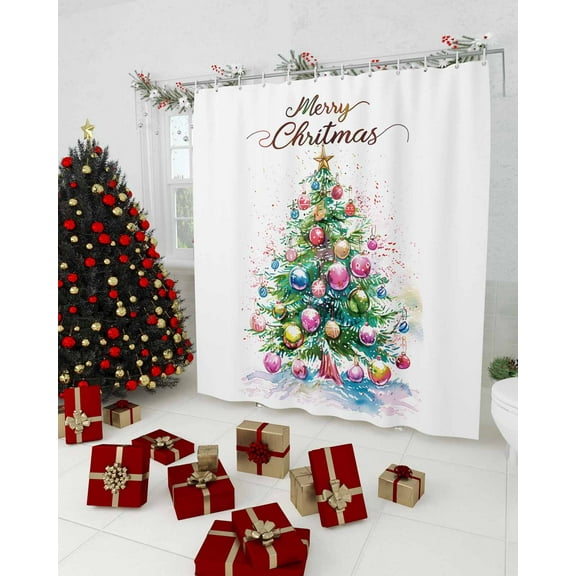 Christmas Tree Shower Curtain, Xmas Tree Balls Watercolor Waterproof Washable Boho Funny Cute Shower Curtains Set for Bathroom Farmhouse Bathtubs Decor with Hook, 36"Wx72"L