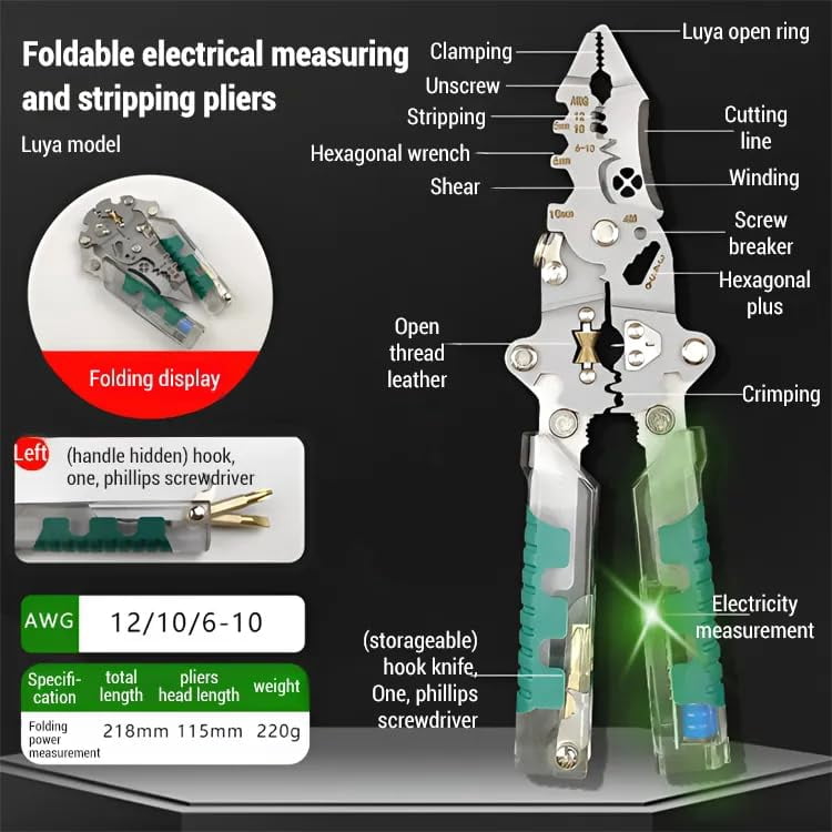 Tuvilo Electrical Pliers, Folding Stylus Screwdriver Wire Stripper, 8 In 1 Wire Stripper Twister For Cutting And Pulling Wires, Cable Scissors,Voltage Tester Pliers(2 Pointed)