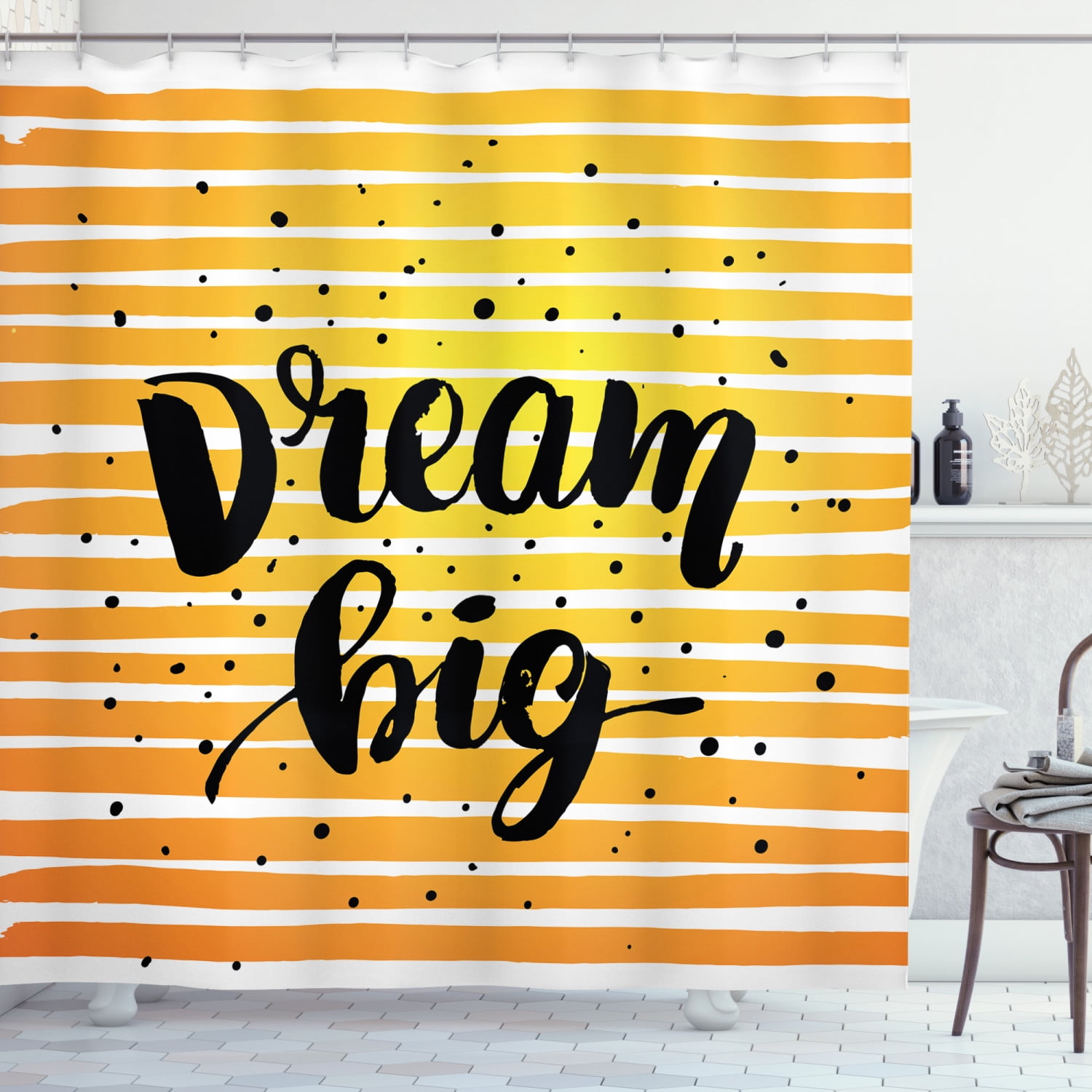 Dream Shower Curtain, Horizontal Ombre Stripe with Dots Dream Big