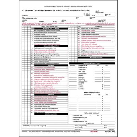 BIT Program Tractor/Trailer/Truck Inspection & Maintenance Record Form 50-pk. - Snap-Out, 3-Ply, Carbon, 8.5inches x 11.75inches - Comply with California Biennial Inspection of Terminals Program