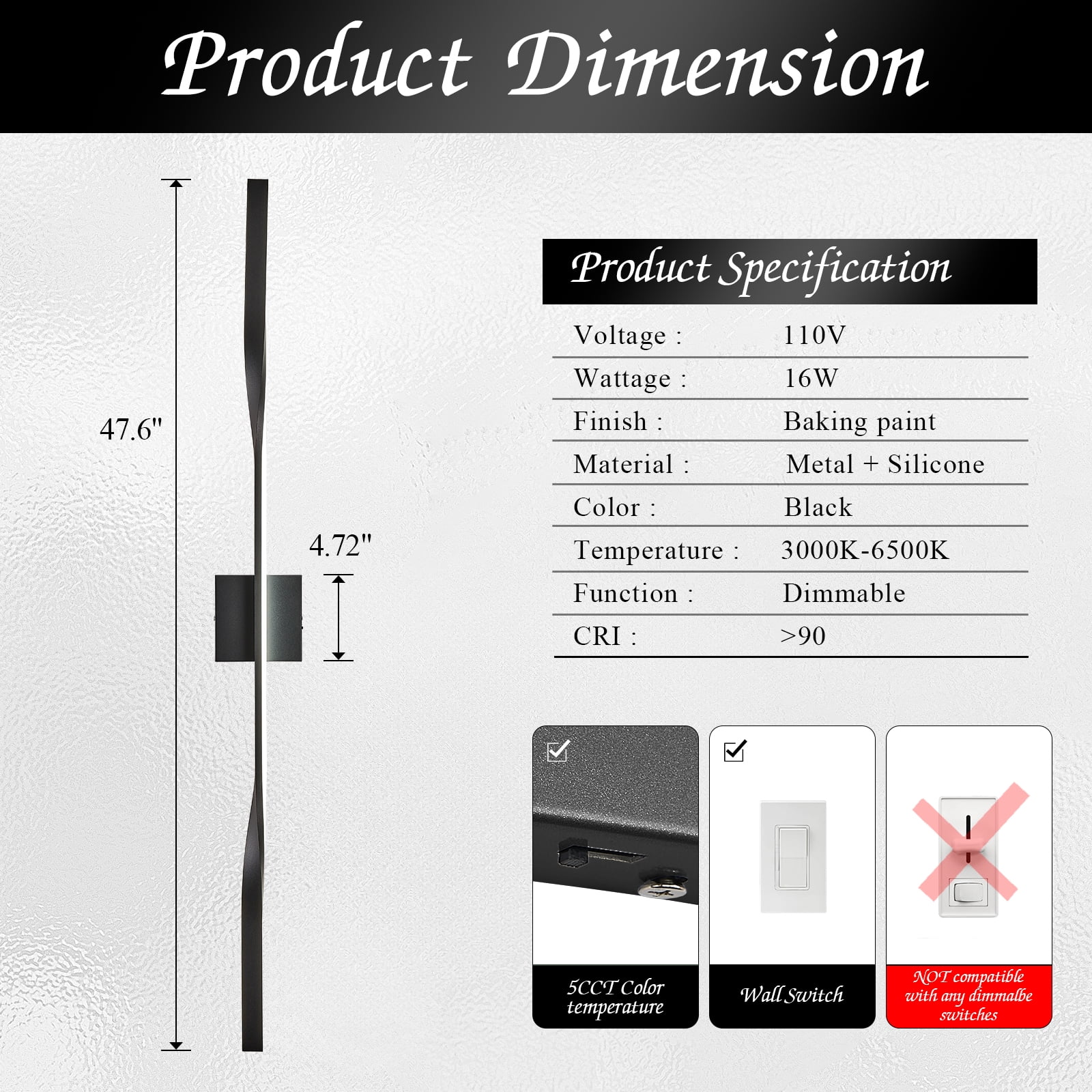 Modern Vanity Light 48" Black Wall Light Over Bathroom Mirror 5CCT Dimmable Long LED Wall Mount Lighting Fixture for Living Room Bedroom