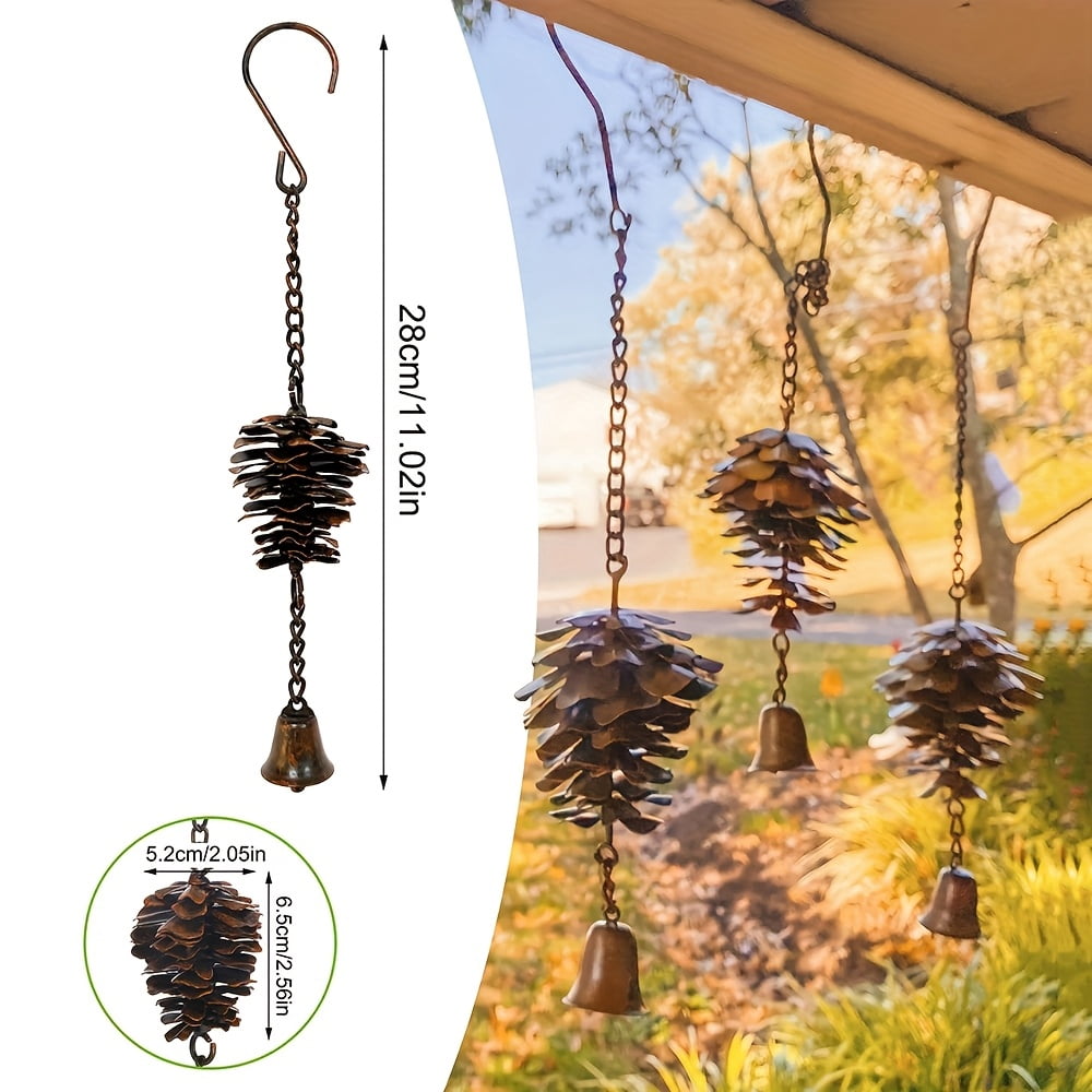 2 Pcs Pine Cone Wind Chimes Outdoor Hanging Decor, Rustic Metal Pinecone Chime with Bells for Garden Patio Porch Decoration, Decorative Wind Chime Ornament for Spring Home Yard Balcony Gift
