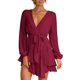 thumbnail image 1 of Women\'s Deep V-neck Summer Dress Long Sleeve Ruffle Solid Color SkirtL, 1 of 5