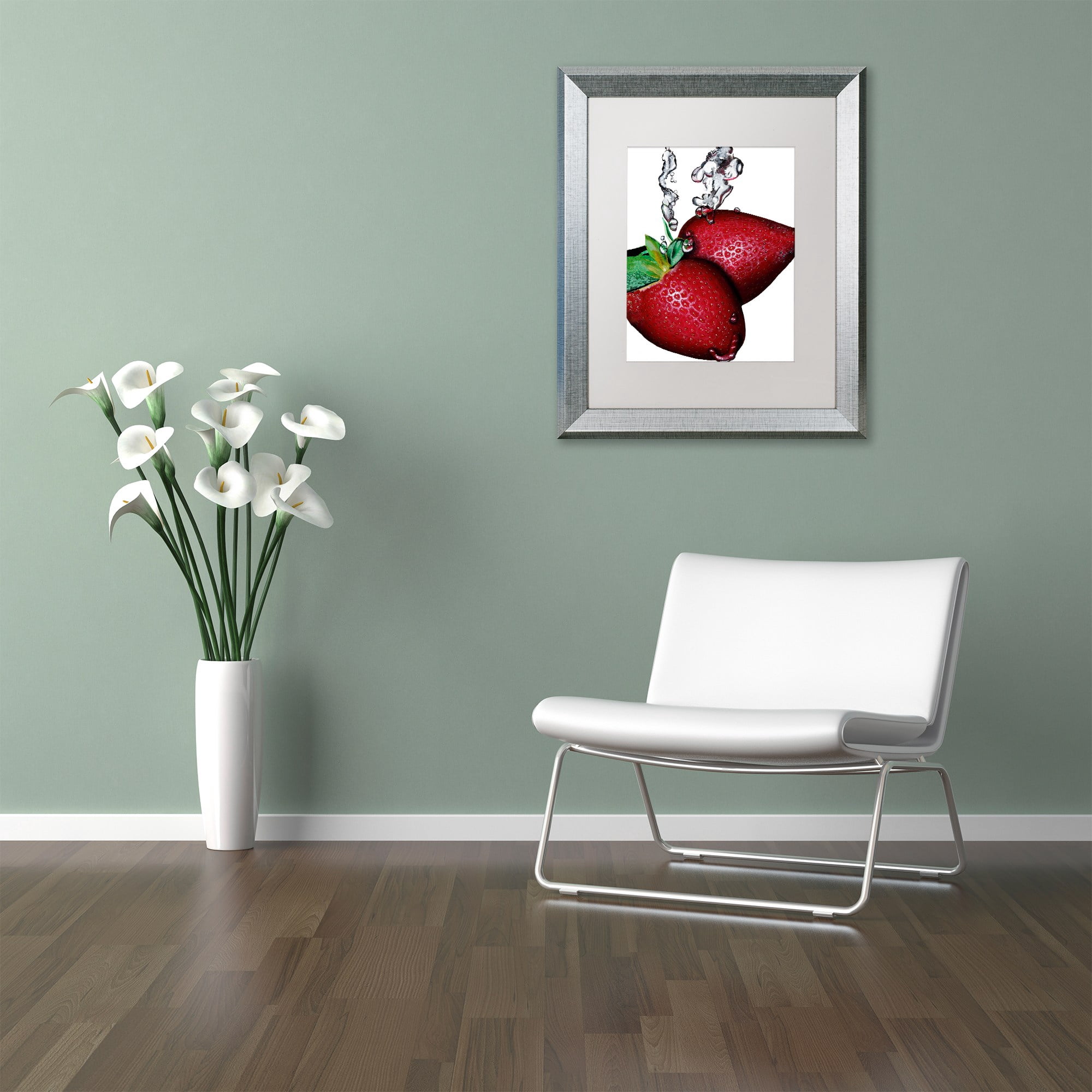 Trademark Fine Art "Strawberry Splash II" Canvas Art by Roderick Stevens White Matte, Silver Frame