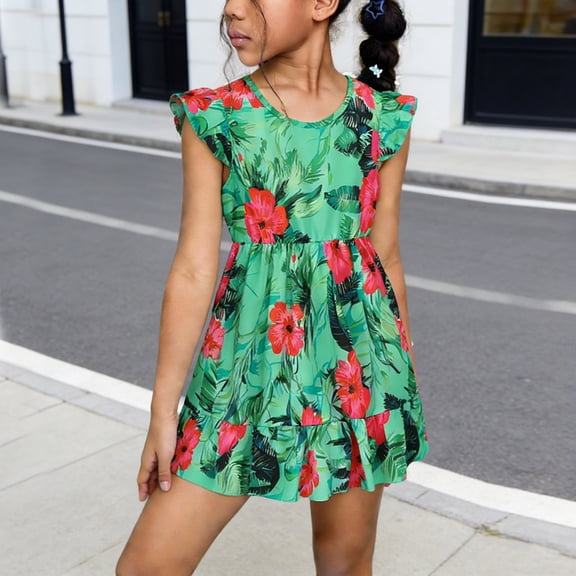 Sentuca Girls Summer Dresses Flower Fly Sleeve Sundress Casual Mini Dresses for Kids Clothes Size 7-8Years