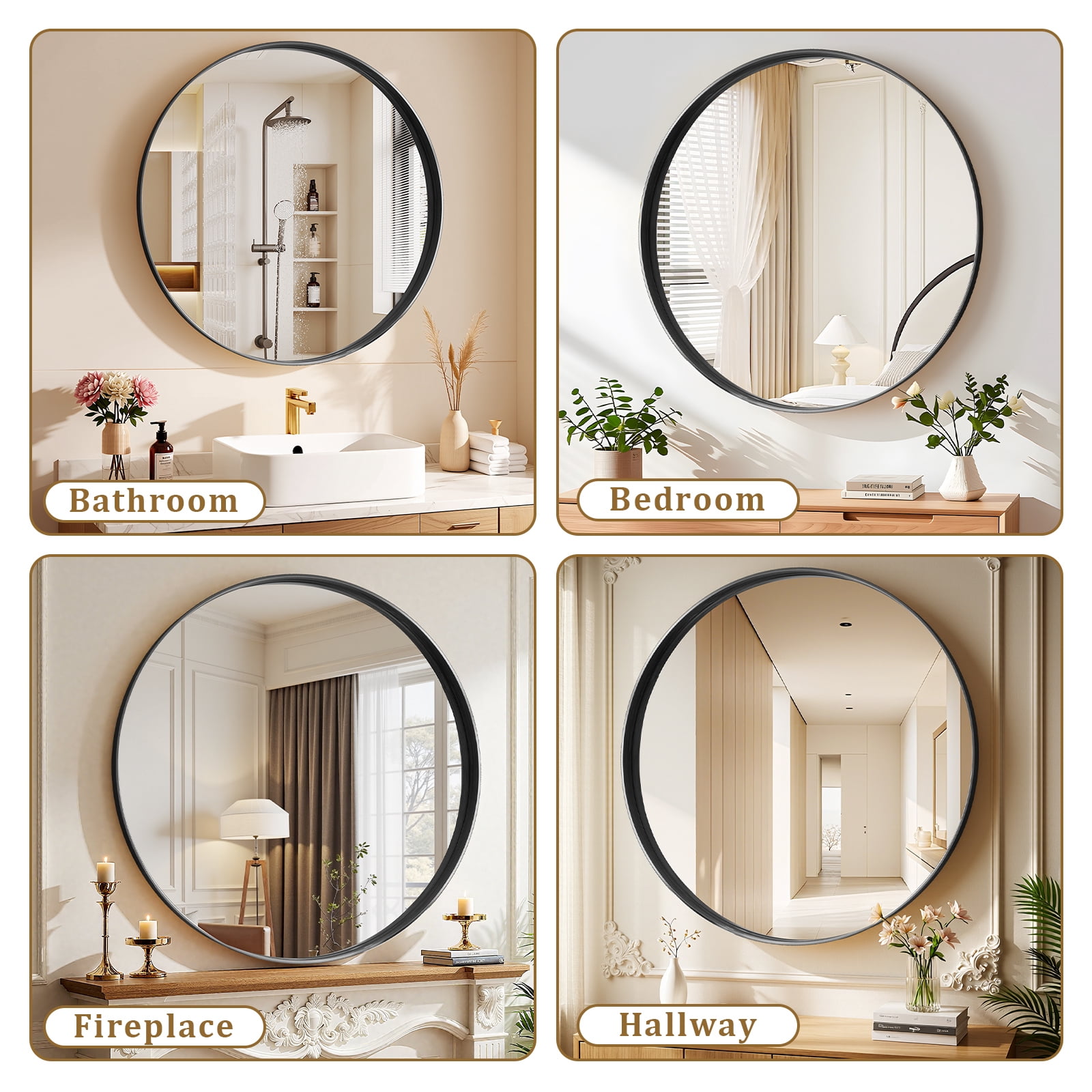MISTORY 24"x24" Round Bathroom Mirror Wall Vanity Mirror with Deep Frame, Black
