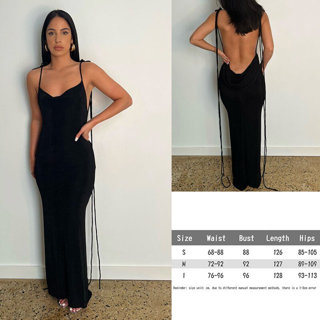 Suspender Y2K Backless Black Dress Summer Sexy Retro Long Dresses Beach Party Sleeveless Skims Big Open-Back Fishtail ClubwearXS Gao Jinjia LED