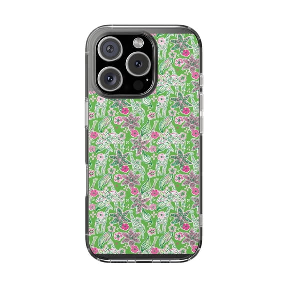 DistinctInk Clear Hybrid Case for Apple iPhone 16 Pro (6.3" Screen) - Pink & Green Flowers Floral - Raised Bezel Screen Guard