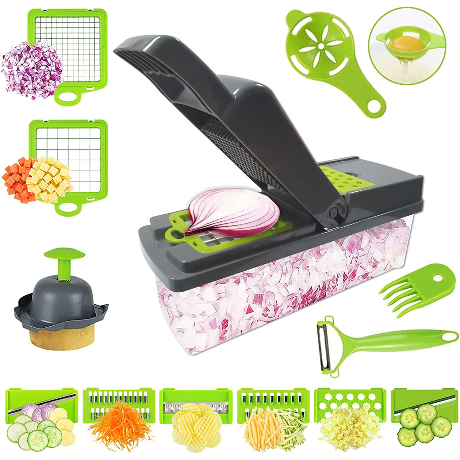 14-in-1 Vegetable Chopper Pro - Multi-Functional Food Slicer Dicer With 8 Blades & Container (Gray)
