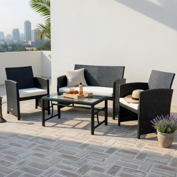 Hommoo 4-Piece Outdoor Rattan Patio Furniture Set with Tempered Glass Coffee Table, White