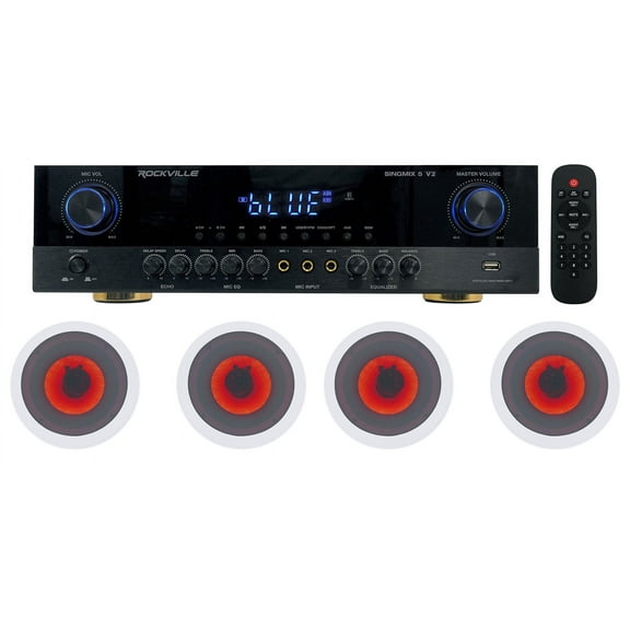 Rockville SINGMIX 5 Bluetooth Home Receiver Amp (4) 6.5" LED Ceiling Speakers