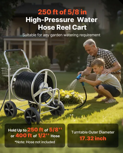 Heavy Duty 250 ft 5/8 Inch Garden Hose Reel Cart with 4 Wheels Storage Basket Powder Coated Steel Mobile Water Hose for Yard Lawn