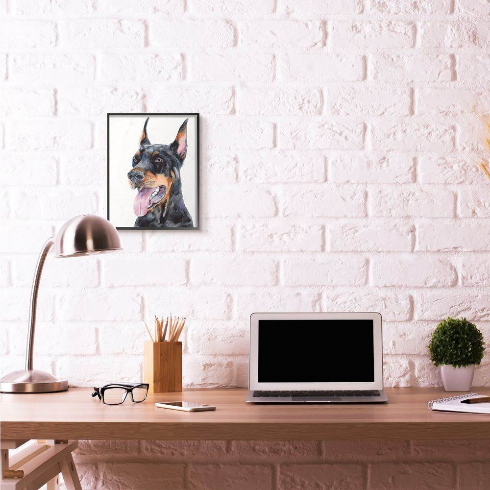 Stupell Industries Cute Doberman Dog Pet Animal Watercolor Painting Framed Giclee Texturized Art by George Dyachenko