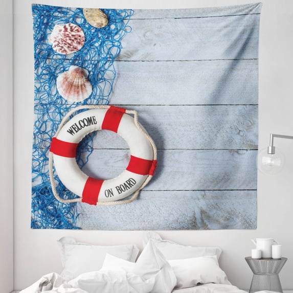 Ocean Tapestry, Welcome on Board Message on Life with Fishing Net Seashell Wood Floor of Boat, Fabric Wall Hanging Decor for Bedroom Living Room Dorm, 5 Sizes, Dust Blue Red, by Ambesonne
