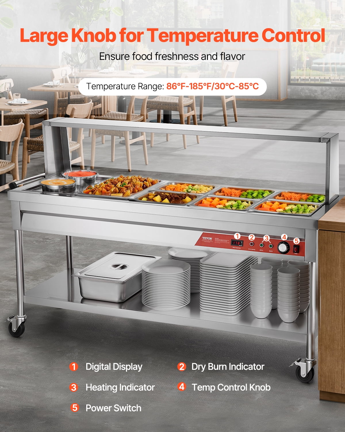 VEVOR Commercial Electric Food Warmer, 7 Pans + 2 Pots Steam Table, 1800W Professional Buffet Catering Food Warmer with Shield Undershelf Wheels, Stainless Steel Server