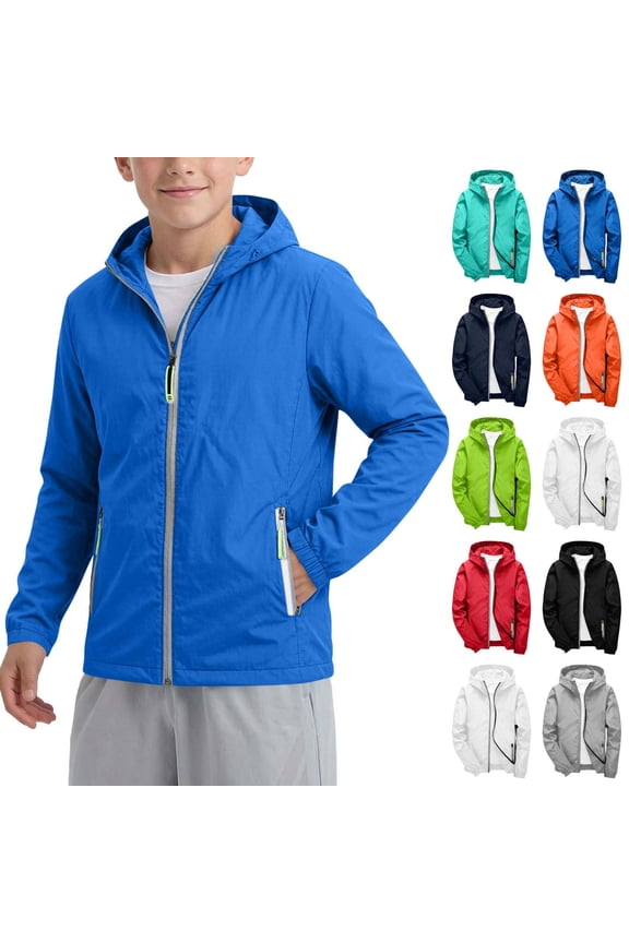 Boys Lightweights Zip Up Hooded Windbreaker Sun Protection Softshell Jacket Outdoor Sports Hiking School Travel Summer Fall Coat for Gilrs 3-12Y