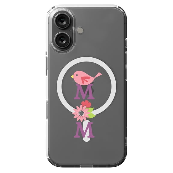 DistinctInk Hybrid Case for iPhone 16 - Slim, Durable, Compatible with MagSafe Charging - Mom - Pink Bird & Flowers