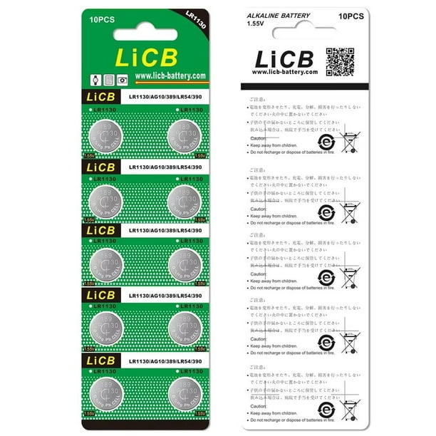 Lot de 10 piles bouton alcalines LR1130/AG10/189/LR54 1,5 V