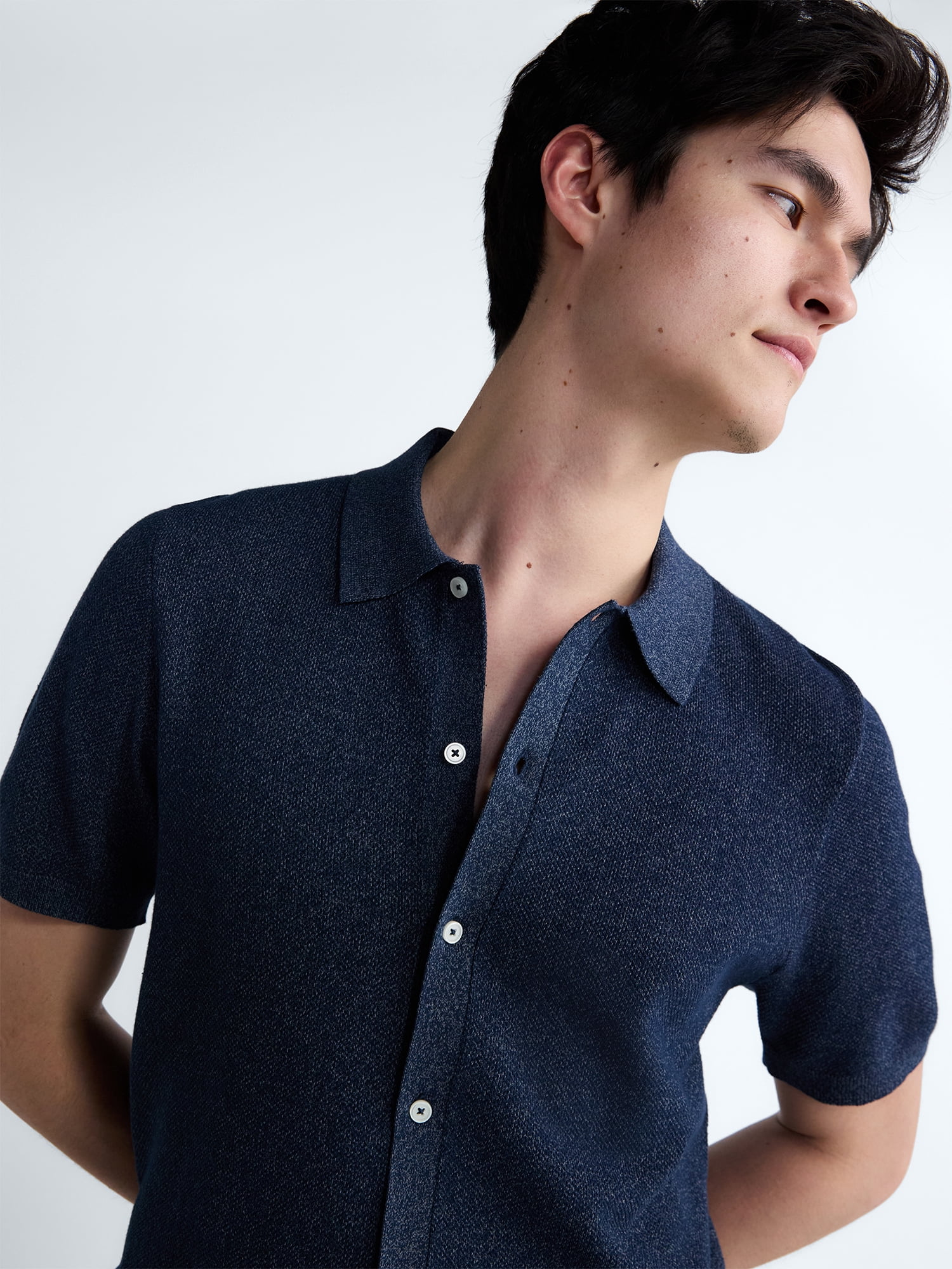 Free Assembly Men's Button Front Marled Sweater with Short Sleeves, Sizes S-3XL