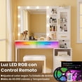 thumbnail image 3 of Tocador, Vanity con Luces LED RGB Ajustable y Estación de Carga, Tocador con Taburete, 5 Cajones, 1 Puertas, Escritorio de Maquillaje y Silla para Dormitorio, 100 * 40 * 149cm, 3 of 9