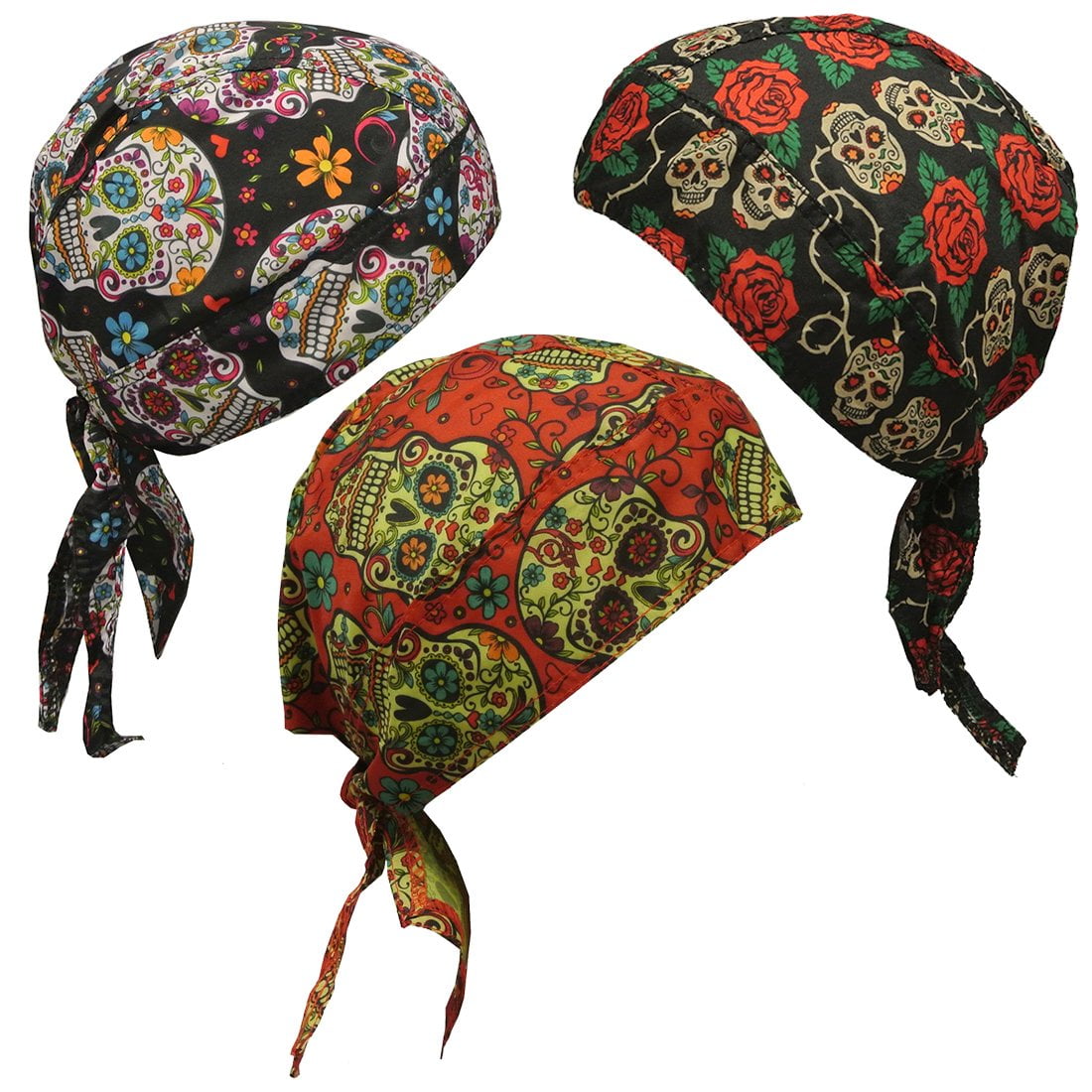 Texcyngoods Skull Caps Set of 3 Sugar Skull Doo Rags Head Wraps Hat