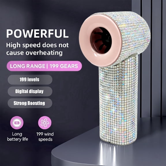 Portable Mini Fan, Luxury Diamond Handheld Fan with Digital Display, USB-C Rechargeable Personal Fan, Colorful Diamond-Pink