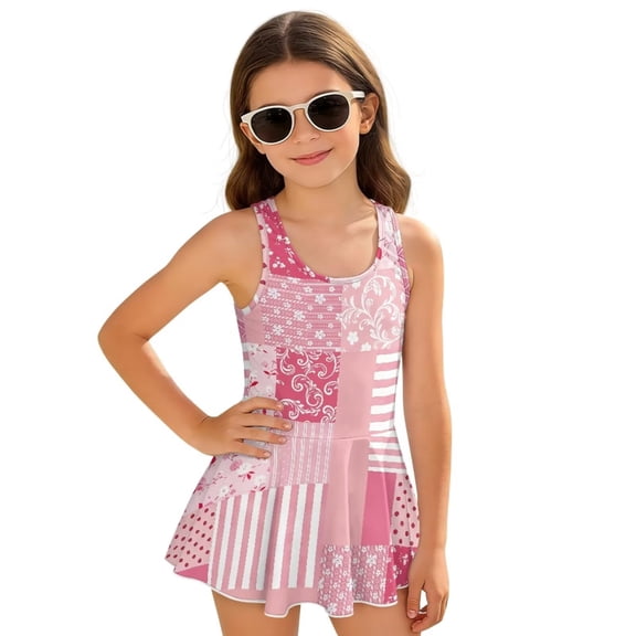 Xixirimido Pink American Flag Floral Print Girls One Piece Swimsuit with Skirt Modest Sleeveless Swim Dress Featuring Built-in Shorts & UPF 50  Sun Protection for Beach Pool, 8-9 Years