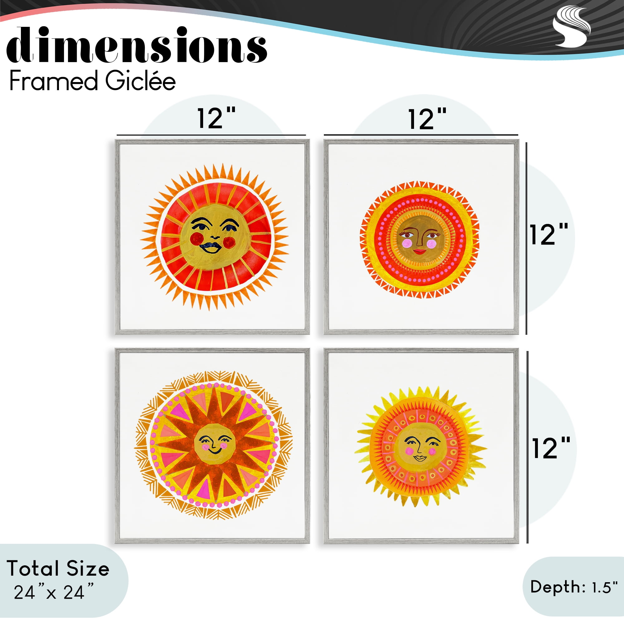 Stupell Industries Warm Happy Suns 4 Piece Gray Framed Giclee Art Set, design by Katherine Herrell Studio