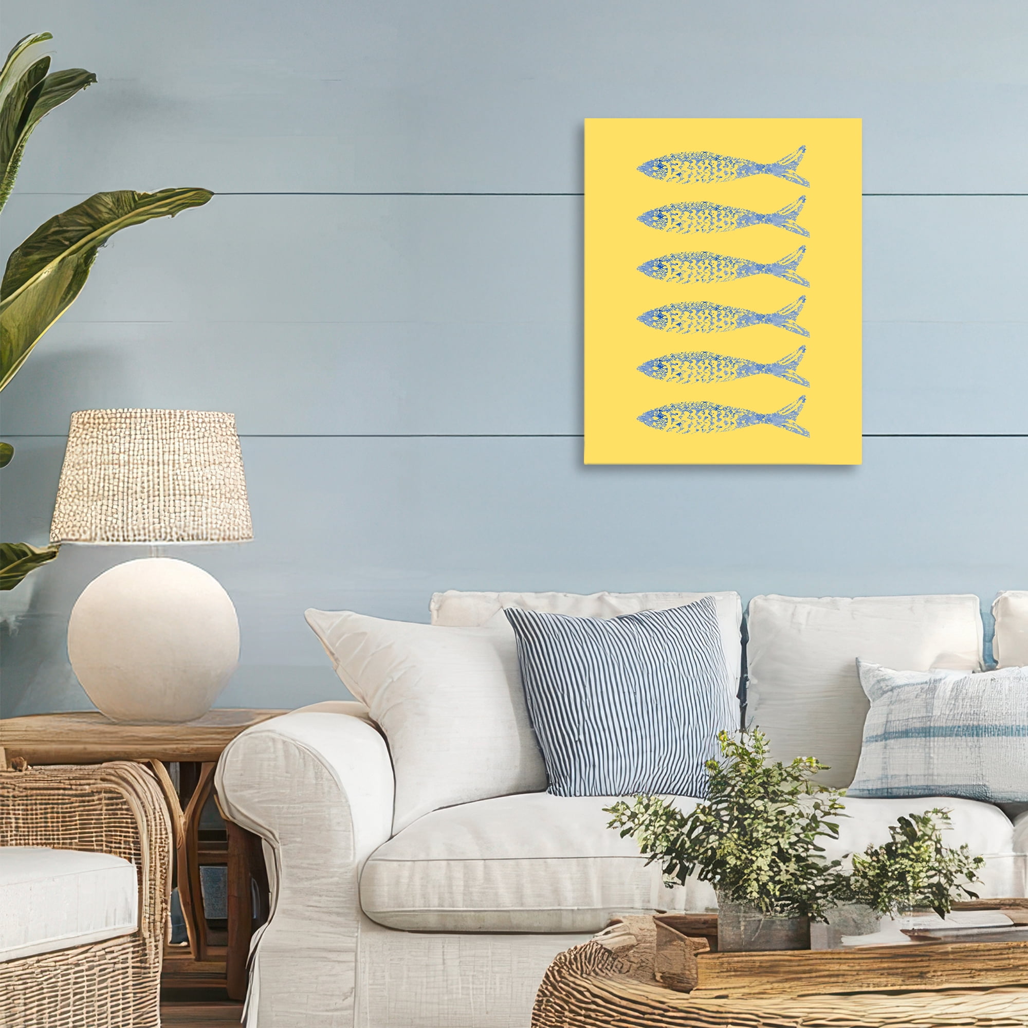 Stupell Industries Sardine Stamps on Yellow Canvas Wall Art, design by Julie DeRice