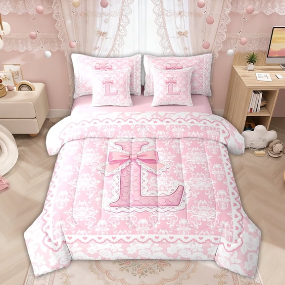 Manfei Pink Princess Letter L Bow Twin Bedding Sets, Boho Damask Flower Bedding Comforter Set for Girls Women, Pink Reversible, 7 Pieces