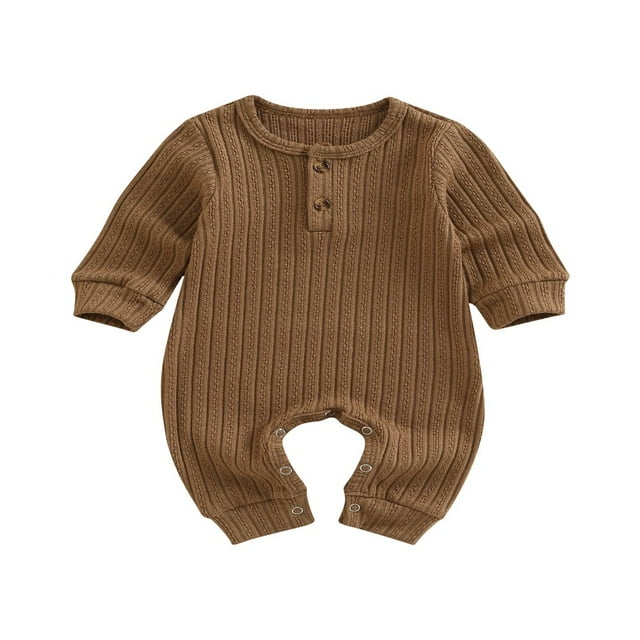 Toddler Baby Rompers Solid Color Knit Casual Button Crew Neck Long Sleeve Jumpsuit for Newborn Girl Boy