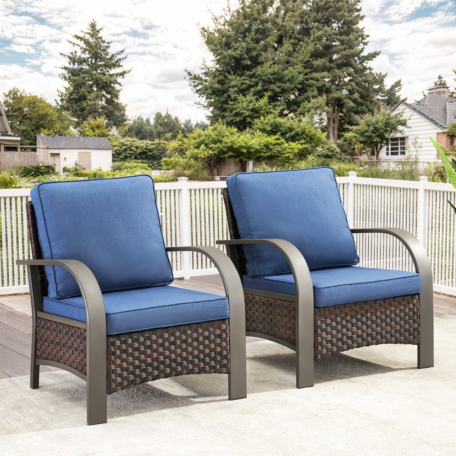 OPOHORO Patio Furniture Chairs Outdoor Wicker Chairs of 2, High Back Brown Rattan Wicker Chairs with Blue Cushions for Deck Porch Balcony Backyard Garden