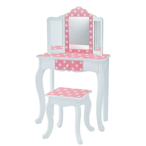Teamson Kids Pretend Play Kids Vanity, Table and Chair Vanity Set with Mirror Makeup Dressing Table, with Drawer Fashion Polka Dot Prints Gisele Vanity Set, Pink White