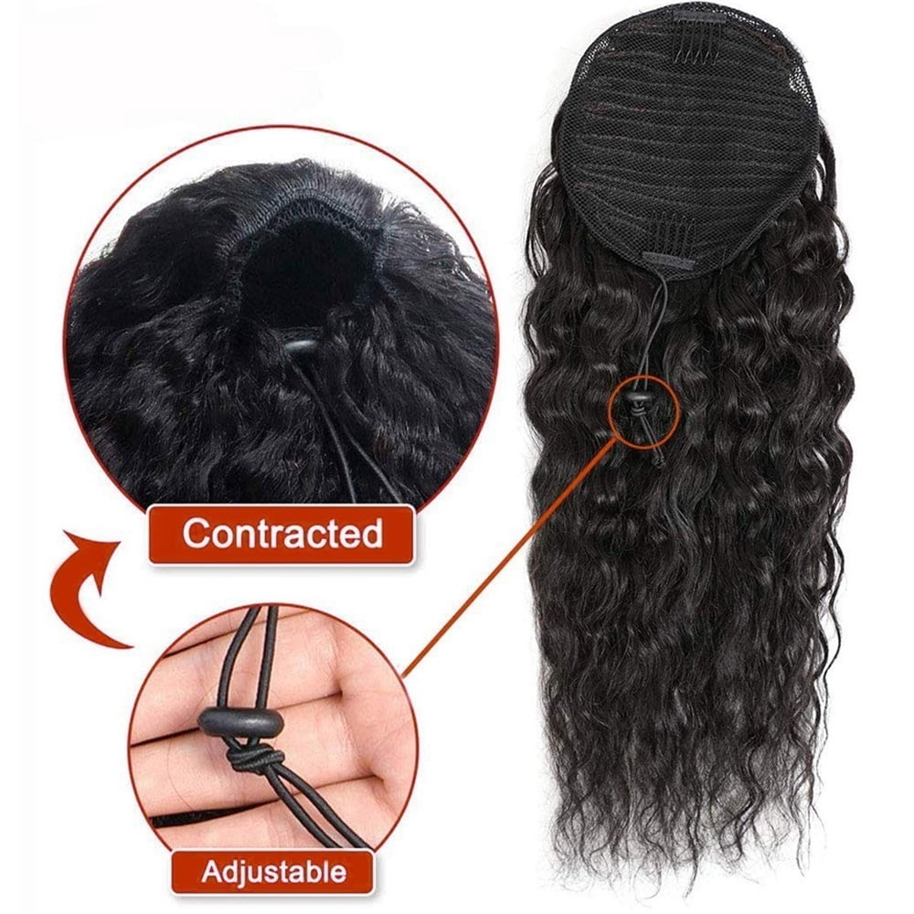 Water Wave Ponytail Human Hair Drawstring Pony Tail Clip in Curly Remy Hair Extensions Natural Black  for Women