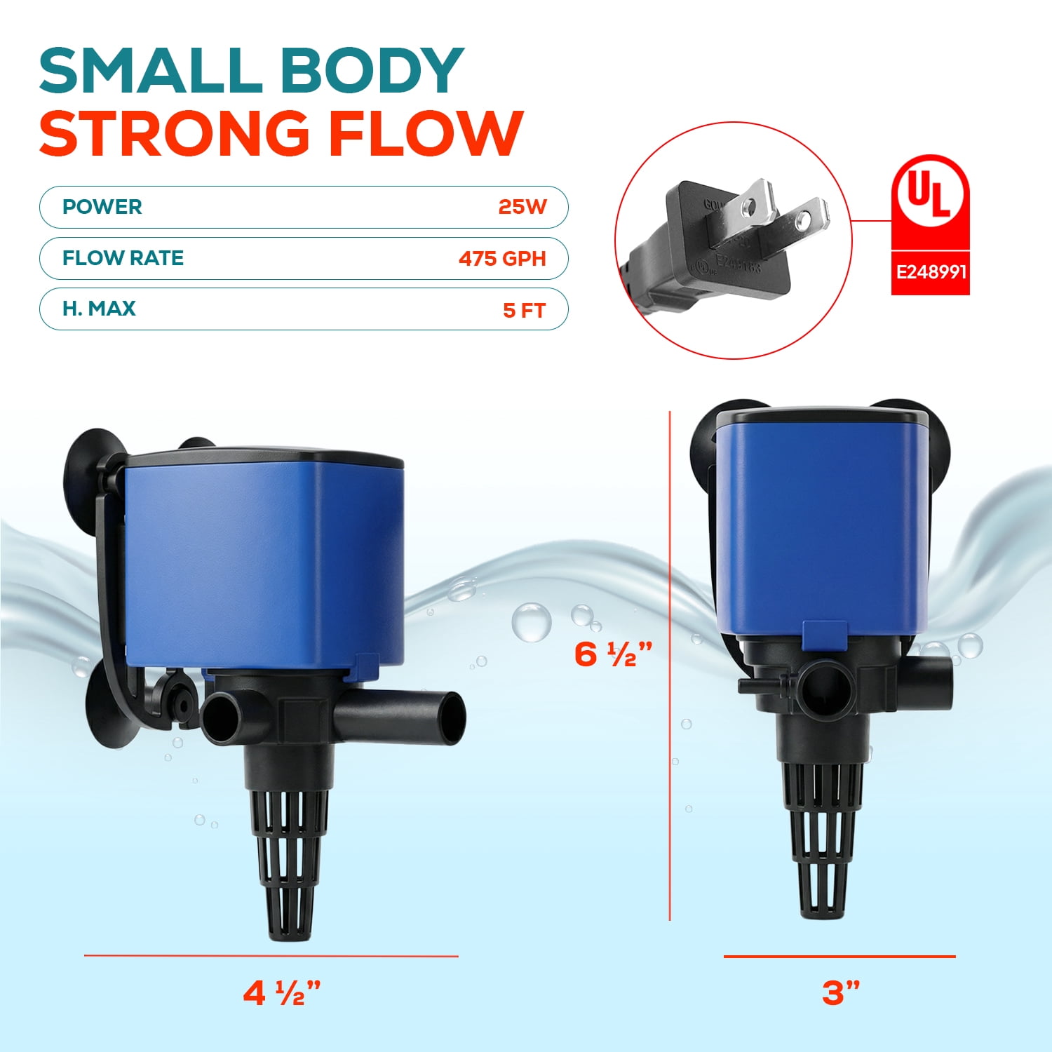 475 GPH Submersible Aquarium Filter Pump with Air Oxygenation, Sponge Filtration & Adjustable Water Flow