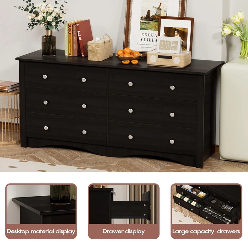 Furmax 6 Drawer Double Dresser, Wide Wood Chest of Drawers Storage Tower Storage for Living Room Bedroom, Black