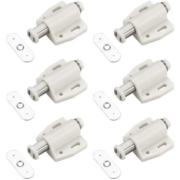 BUZIFU 6 PCS Magnetic Door Catch Push Open Magnetic Touch Latch Plastic Soft Close Strong Spring Loaded Magnetic Closure with Strike for Cabinet Cupboard Wardrobe Room Kitchen Bathroom - White