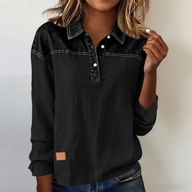 TaTaai Women's long sleeve collared top, linen cotton fabric, color block design, removable buttons, pullover style, casual loose fit, soft breathable, ideal for daily outings & office casual Gift