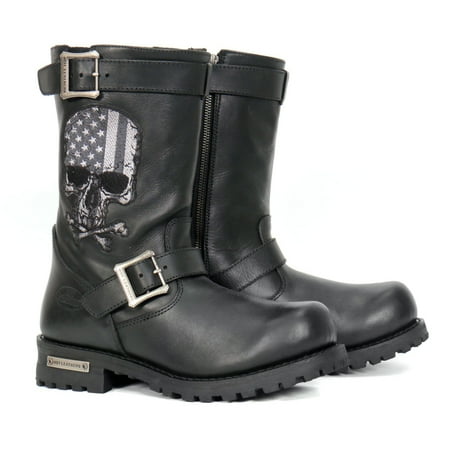 

Hot Leathers BTM1018 Men’s Black Tall Harness Flag Skull Boot with Round Toe 14