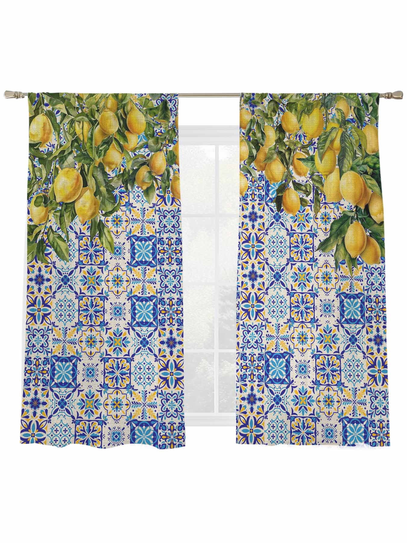 Lemons Sheer Curtains for Living Room Bedroom, National Style Summer Lemon Blue Floral Texture Linen Light Filtering Sheer Curtain Rod Pocket Voile Window Treaments Drapes, 52 x 63 Inches
