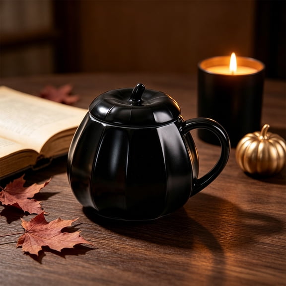 Dalxymotic Halloween Pumpkin Coffee Mug, 10.1 fl oz Pumpkin Shaped Mug with Lid, Spooky Halloween Party Decor, Pumpkin Shaped Coffee Mug for Halloween Party, Home, Kitchen, Desk