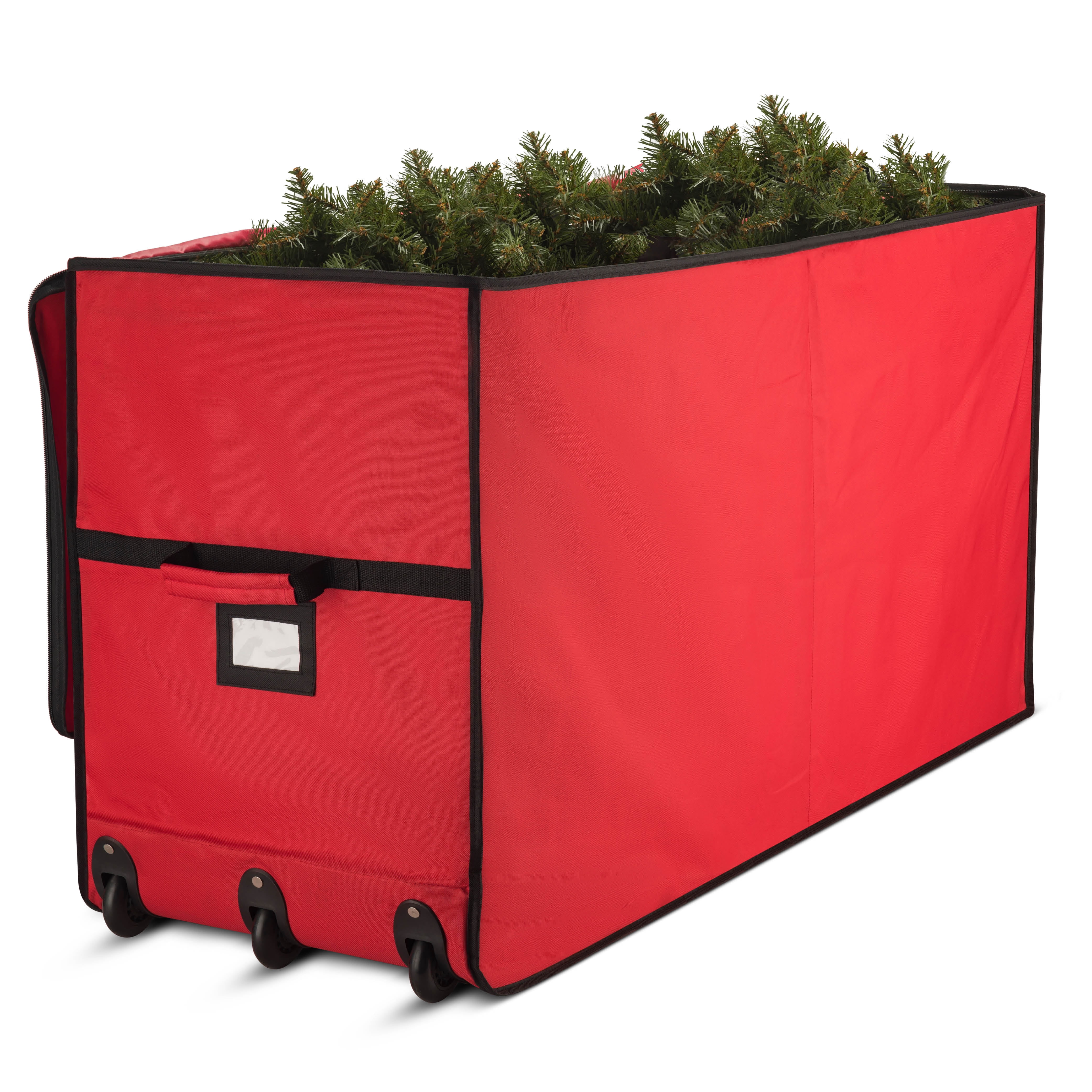 Super Rigid Rolling Christmas Tree Storage Box - Canvas Fabric With Cardboard Inserts - Opens Wide For Easy Input/Access, Artificial Trees Storage Bag, Fits Up To 7.5 Ft. Wheels & Handles For