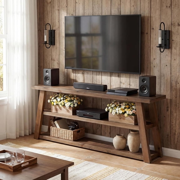 Finmind 63" Solid Wood TV Stand for Living Room, Farmhouse Rustic Entertainment Center with 3-Tier Open Shelves, Media Console for TVs Up to 70 Inches