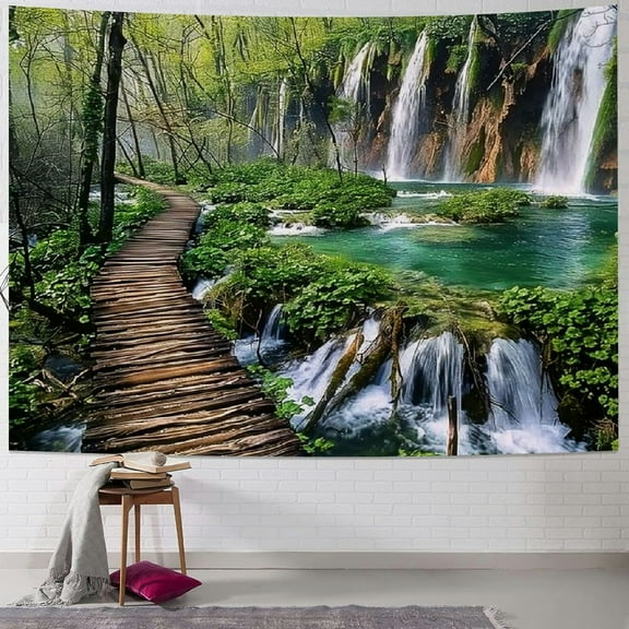 PRATYUS Green Nature Landscape Tapestry Rainforest Tapestry Waterfall Tapestries River Wooden Bridge Wall Hanging Tapestry For Living Room Bedroom Dorm Home Decor 40x30inch